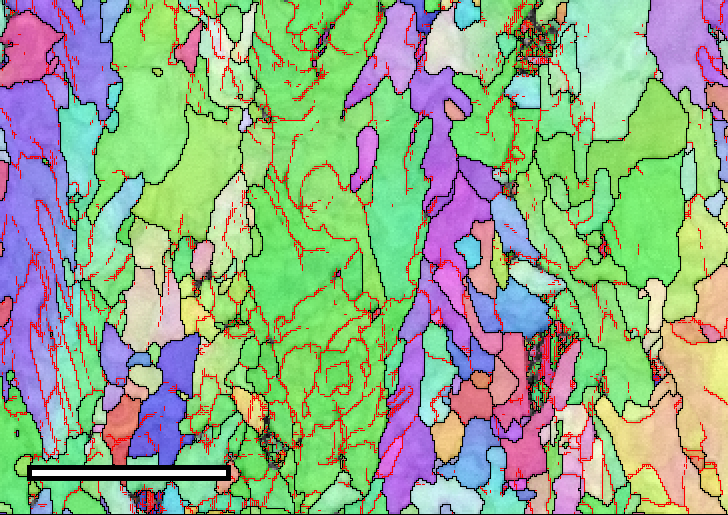 Forescatter detector (FSD) and orientation maps comparing 5 nA and 50 nA beam current on a deformed martensite-ferrite steel sample