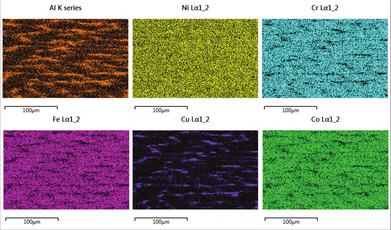 Fig. 4: EDS elemental distribution maps calculated using the Al-K, Ni-L, Cr-L, Fe-L, Cu-L, and Co-L signals, acquired on the same identical position as in Figs. 1–3.