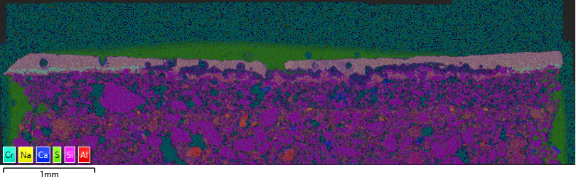 Figure 1: EDS LAM of sample 1 showing the distribution of elements. Al is most apparent in the lower half of the sample towards the back of the tile.