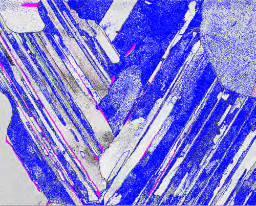 Fig. 3F – Band contrast with grain boundary and the three twin boundaries overlaid with α2 phase, Refined Accuracy processing.