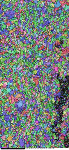 Three TKD maps of deformed duplex stainless steel: band contrast map (left), phase map showing BCC ferrite in red and FCC austenite in blue (centre), and cleaned orientation map (right); scale bar 1μm