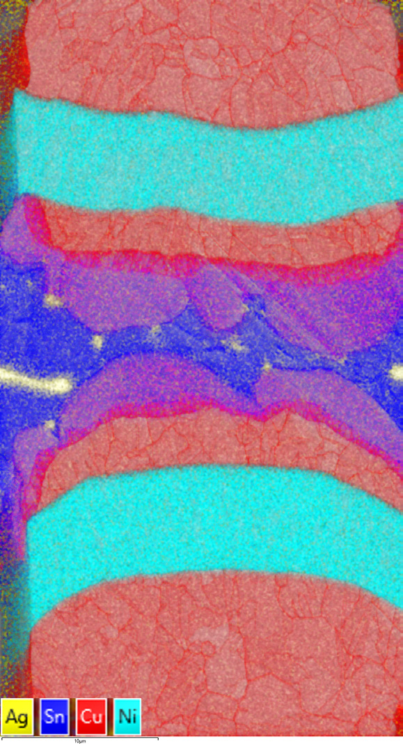 Backscattered electron image of the solder micro-bump, showing the EBSD-EDS analysis area in red
