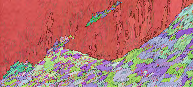 Fig. 2a. Area 1 phase map: calcite - blue, aragonite - red