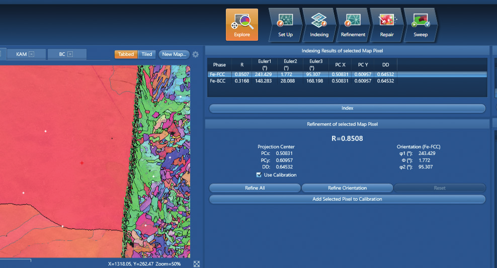 Comparison of original EBSD data and MapSweeper reprocessed data showing improved indexing