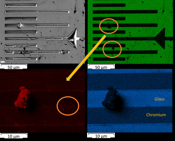 EDS map of a photomask using Ultim Extreme showing defects in circled areas