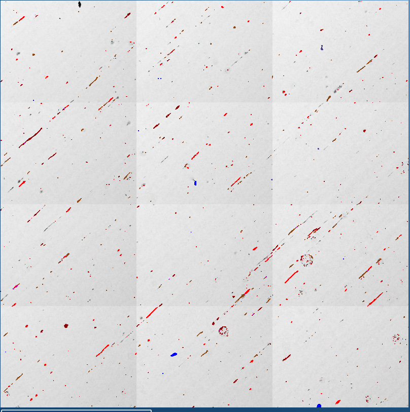 Fig 6. (a) Montaged image showing detected inclusions from a large area; (b) Classified distribution of inclusions from the 100Cr6 steel sample