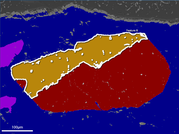 Fig. 2 – (Top Left) Automated EDS mapping, phase and feature extraction with AZtecFeature using FeaturePhase. The classification scheme (Top right) shows the number of features detected for each phase. (Bottom) Example of the combined morphology and compositional information recorded for the Ilmenite grain.