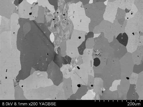 Figure 1b: Higher magnification image of the area highlighted in Figure 1a. The coarse dark and grey contrasting particles can be seen, as well as very fine grain boundary particles