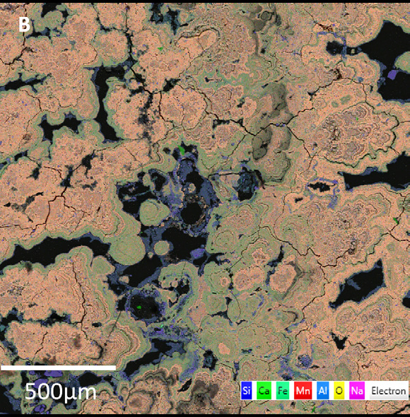 Figure 3: Large area BEX image covering 1288 fields of a Mn-Nodule. (A) shows the complete map of the whole sample and (B) shows the level of detail at which the whole sample was mapped. This map took only 3 hr 26 min to acquire.