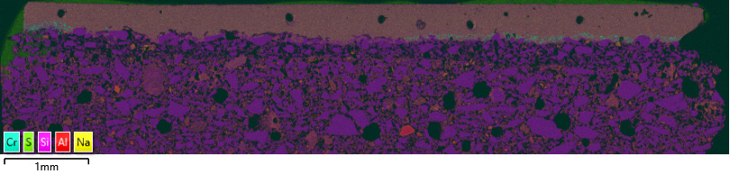 Figure 2: EDS LAM of sample 2 showing the distribution of elements. Cr is seen to be below the glaze layer and is likely due to a paint.