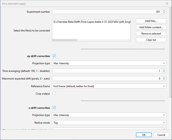 Figure 11 The Fast4DReg dialog allows you to setup batch processing options, enable XY and Z options and define various settings to speed up the process or average the estimated drfit over multiple frames and so forth. 