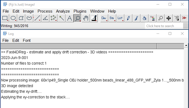Figure 12 When the processing starts, the above status dialog is shown and the Fiji toolbar shows progress through the data set. 