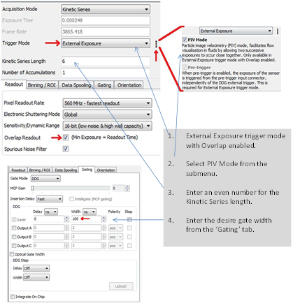 Screenshot from Solis software showing the settings for utilising the ‘PIV mode’ utility when operating in External Exposure mode
