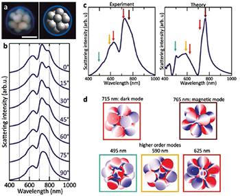 Figure 2: Optical properties of icosahedral clusters. (a) SEM image (left) and 3-D model (right) of an icosahedron (13 NPs). The scale bar corresponds to 100 nm. (b) Polarization-dependent scattering spectra of the icosahedron. (c) Experimental scattering spectra from the FEM calculations. (d) Charge plots of the modes identified in the scattering spectrum of the icosahedron.