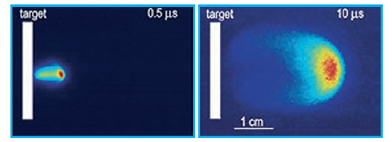 LIF images of an expanding plasma plume taken with an ICCD camera at two different delay times 0.5 µs and 10 µs