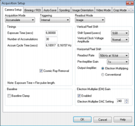 Screenshot showing parameters used for collection of VSF spectra using Solis Software