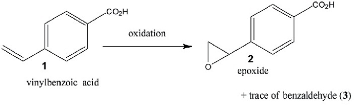 Schematic of the model reaction for demonstrating the technique. 4-Vinyl-benzoic acid is oxidised in water with H2O2 to form the reaction products, an epoxide and traces of the corresponding carboxybenzaldehyde