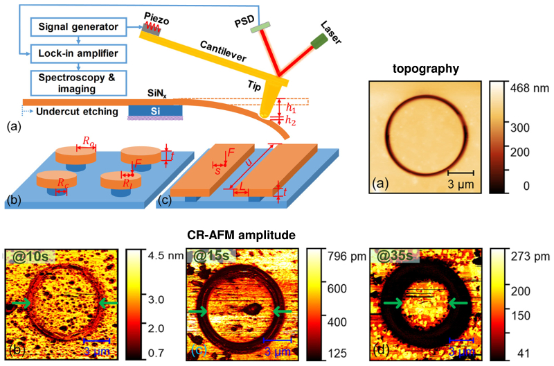 Schematic of AFM experimental setup and etched circular and rectangular structures; topography and CR-AFM amplitude images of circular samples with the indicated etching times.