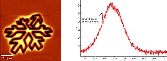 Confocal PL image of the intensity of a PL signal in a planar scan and a representative PL spectrum which originates from the center of the structure