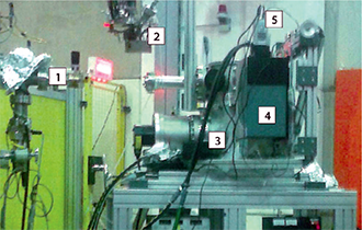 Experimental setup at the BESSY II synchrotron radiation facility. 1. beamline, 2. target cell (removed from vacuum chamber), 3. vacuum chamber, 4. vertically mounted Shamrock SR-303i-B spectrometer, 5. Andor iDus DU420A-BU2