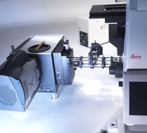 A picture illustrating the connection of a Shamrock SR193i to the side port of a microscope using a cage system