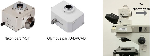 Examples of dual camera adapters for upright microscopes – Nikon part Y-QT and Olympus U-DPCAD