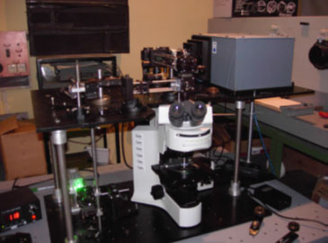 Example of a configuration with an upright microscope and coupling via a cage system