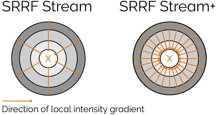 Radiality computation measurements in SRRF-Stream and SRRF-Stream+