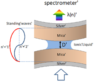 Figure 1: Silver-mica-liquid-mica-silver interferometer. White light is guided through a contact of two apposing transparent muscovite single crystal surfaces. Both surfaces are coated with a semi-transparent mirror at the backside (45 nm thickness), which serves as interferometer to measure the distance D between the apposing surfaces, as well as distance changes.