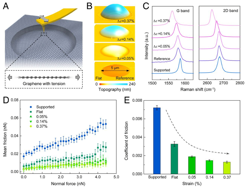 Schematic of AFM experiments on graphene bubbles; topography images, Raman spectra, and AFM friction versus force graphs for bubbles at different strains; AFM coefficient of friction versus strain.