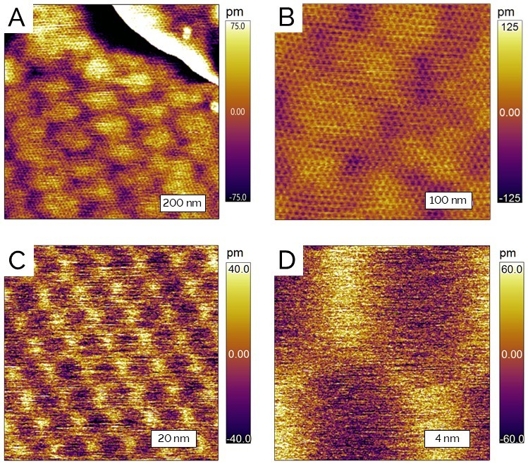 Topographic images of moiré patterns formed by CVDgrown graphene on hydrogen boron nitride substrate.