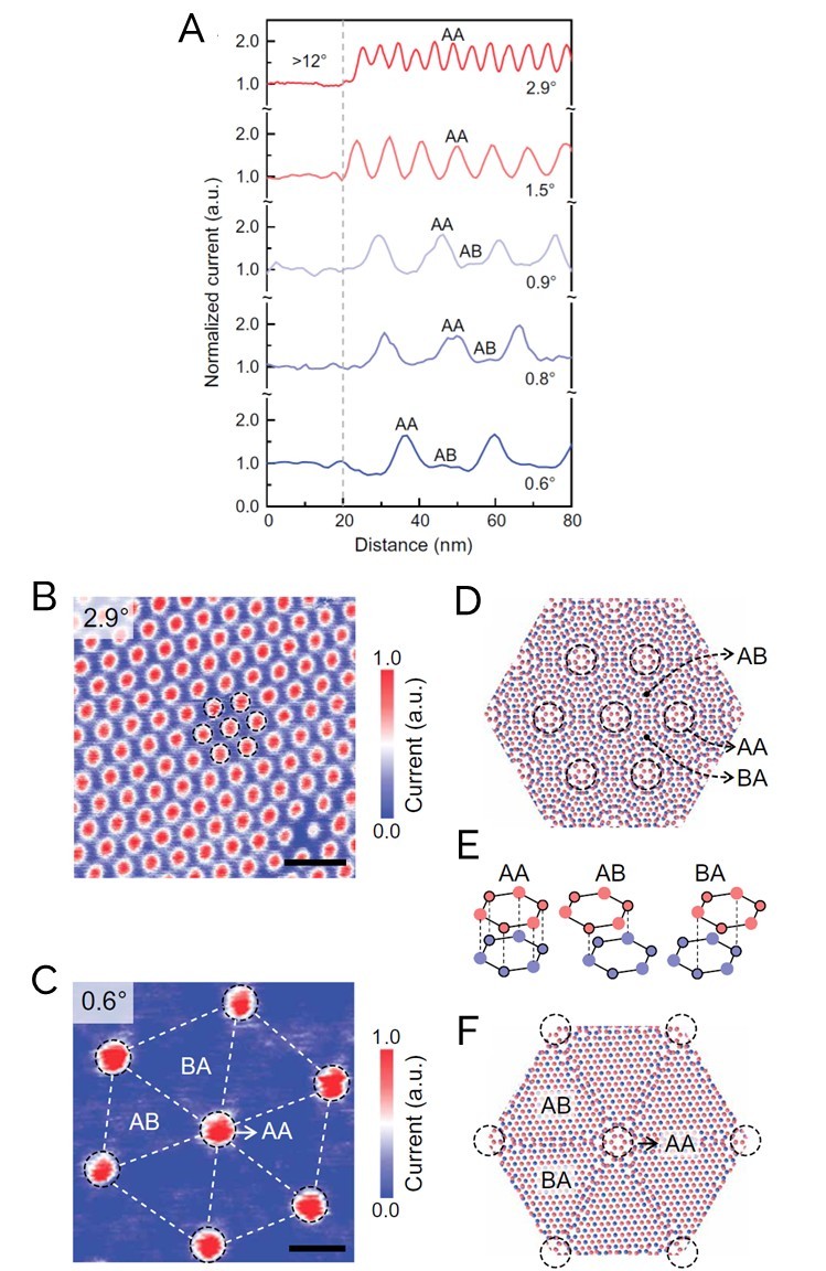 Line profiles of current images at different twist angles, normalized against the current at a domain with a twist angle of 12&deg;.