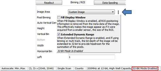 Extended dynamic range mode user interface in Andor Solis software