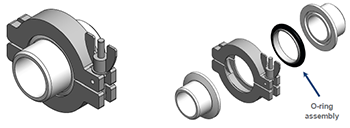 KF flange interface with assembled and exploded view