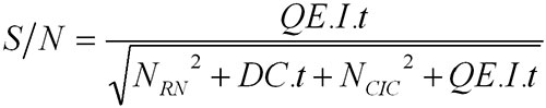 QE refers to the sensor quantum efficiency (%), I the incoming photon flux (photons/s), t the exposure time (s) and DC the dark current (e-/pix/s or e-/CCD column/s)